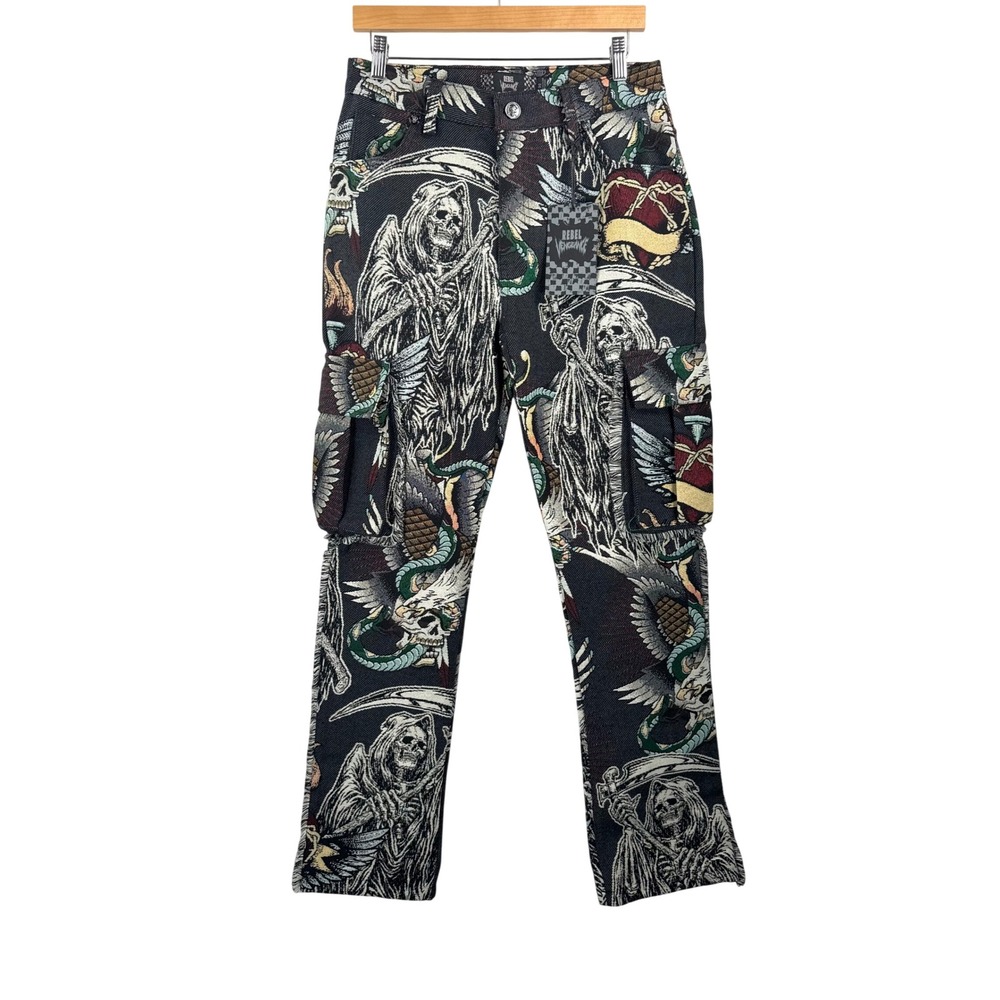 Rebel Vengeance Tapestry Cargo Pants Mens 30 Black Grim Reaper skull goth 0